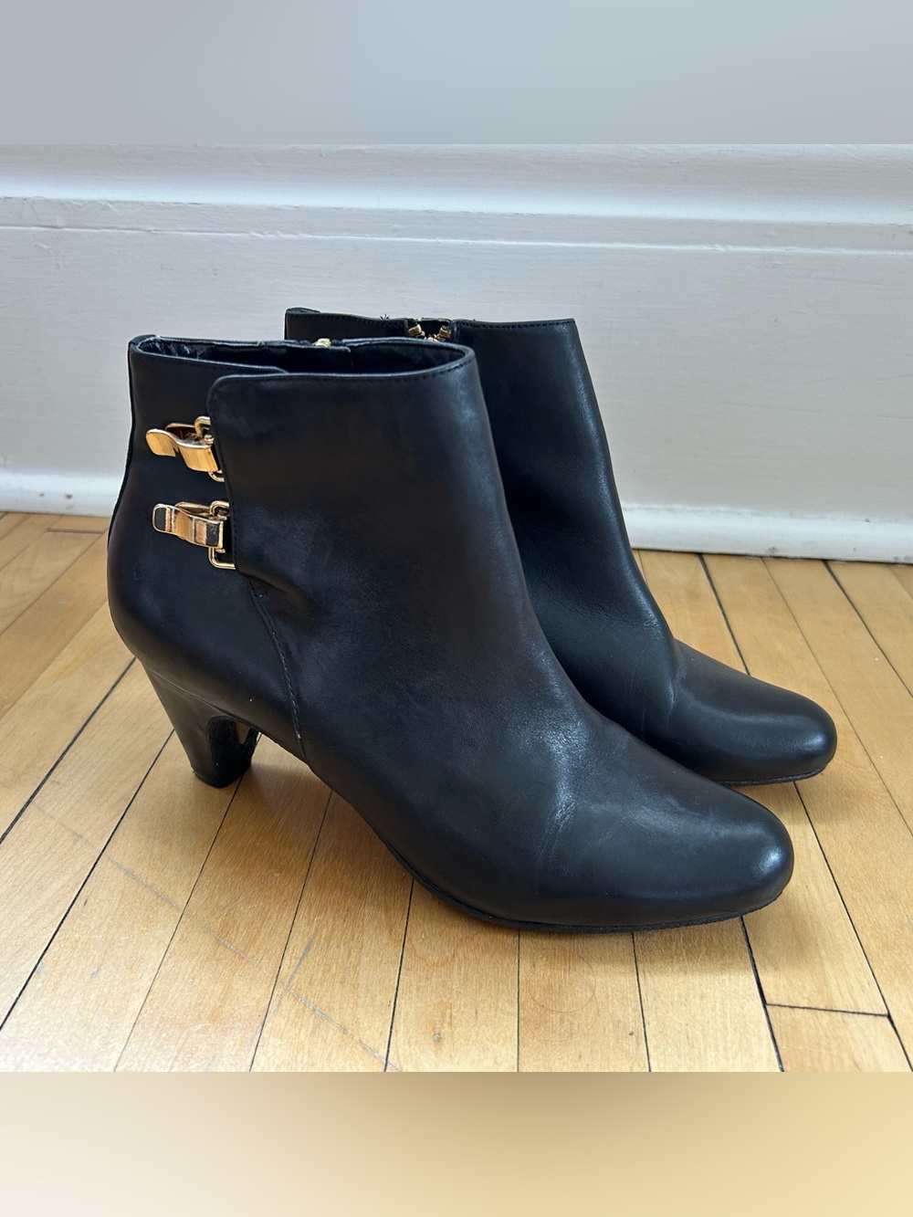 Sam Edelman Women's Black Leather Ankle Boots with Gold Buckle Detail